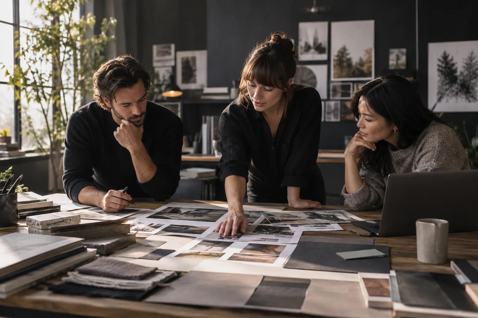Agency colleagues reviewing printed client layouts in a design studio.