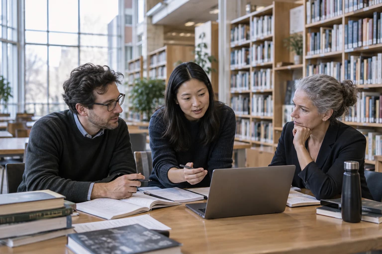 Adult university researchers discussing project notes in a library seminar room.