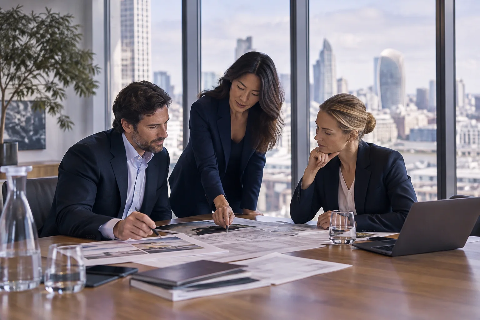 Department leads reviewing project plans in a glass meeting room.