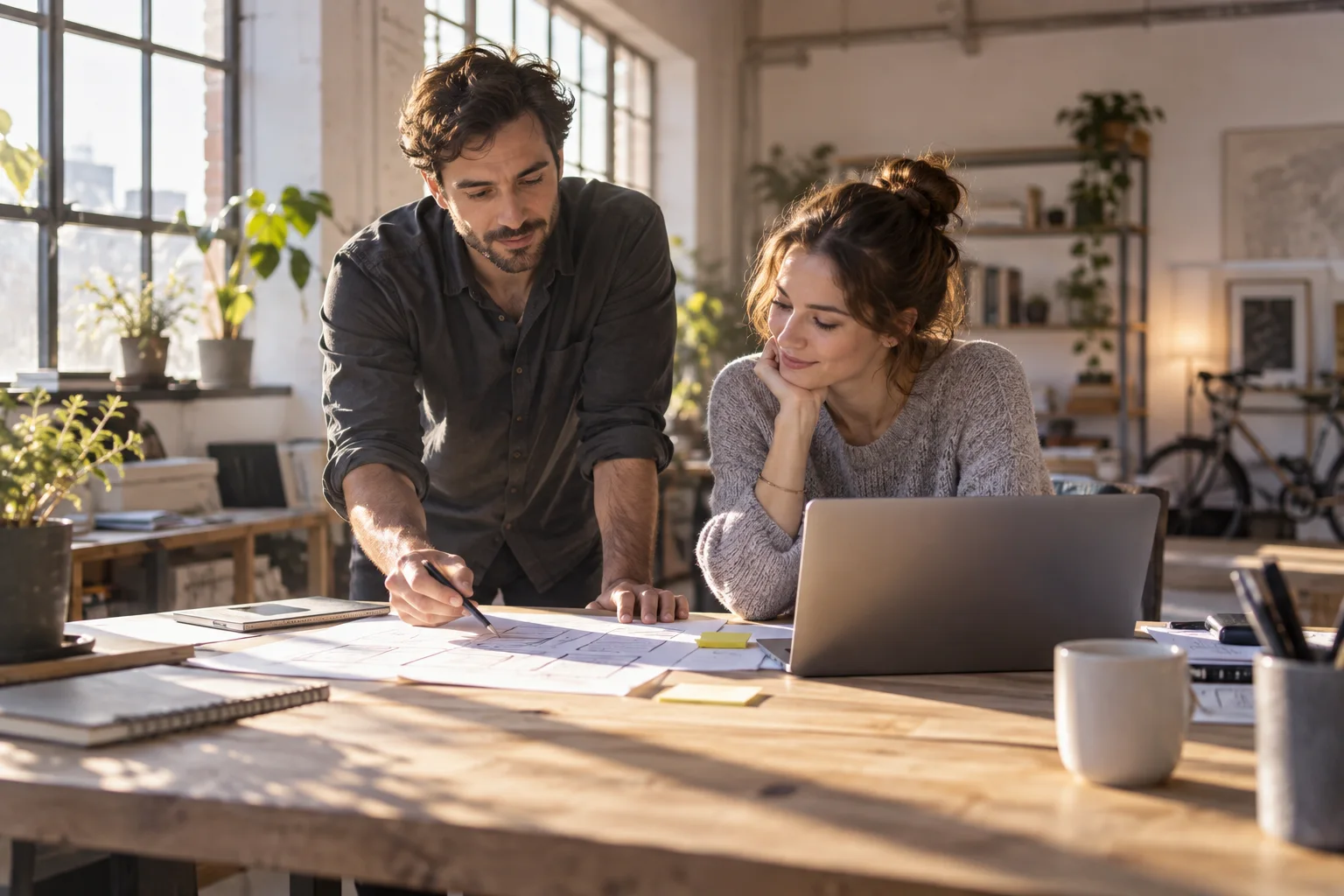 Startup founders reviewing a prototype in a daylight studio.