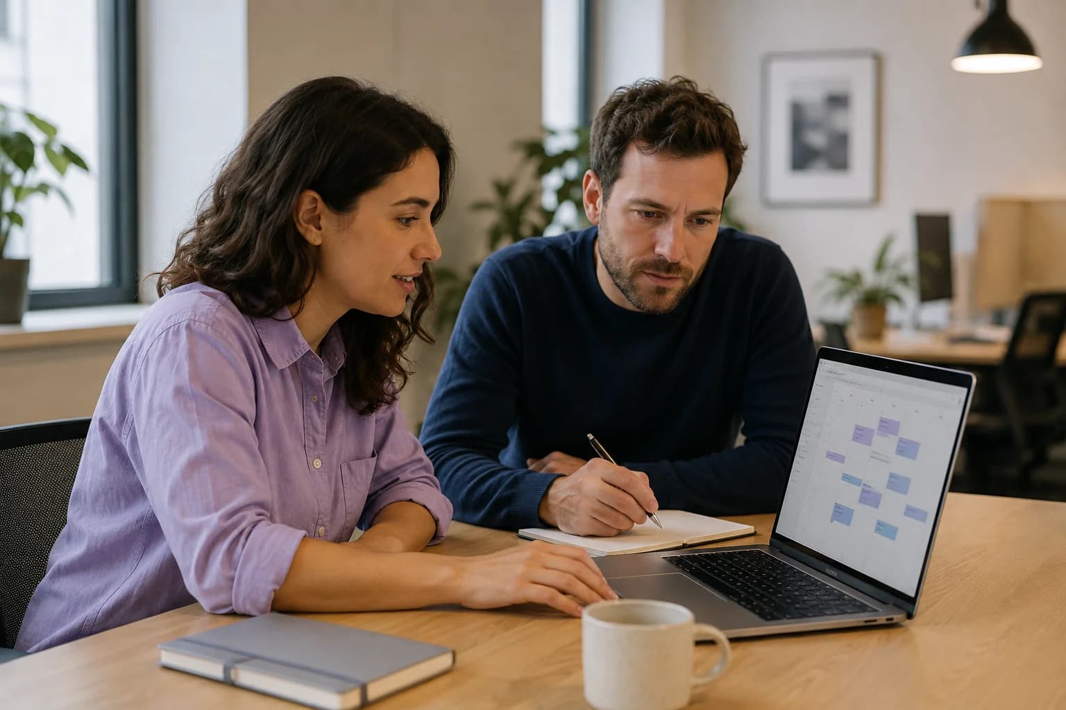 Two colleagues reviewing a weekly calendar together at a laptop.