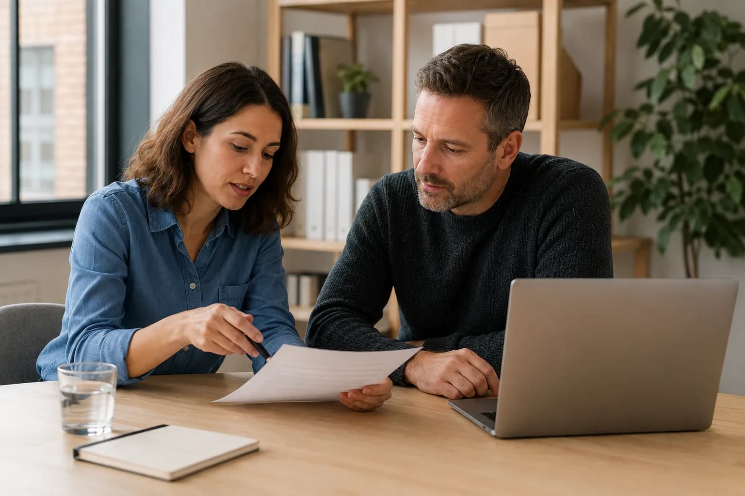 Two colleagues reviewing a printed intake request at an office desk.