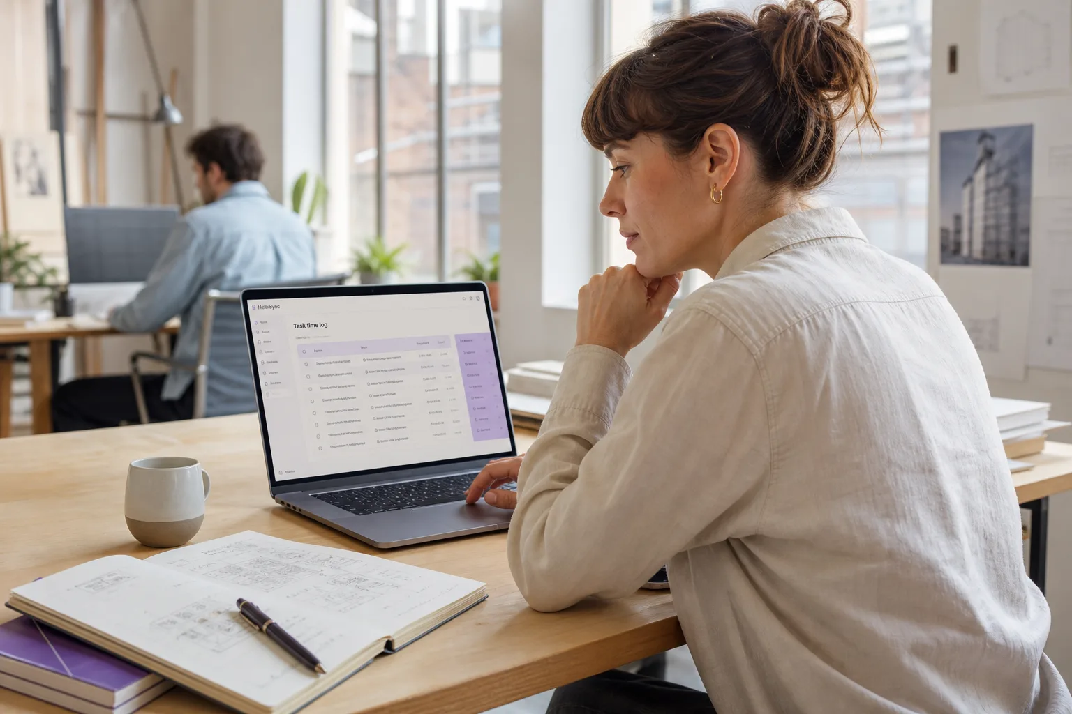 A designer working quietly at a laptop in a sunlit studio.