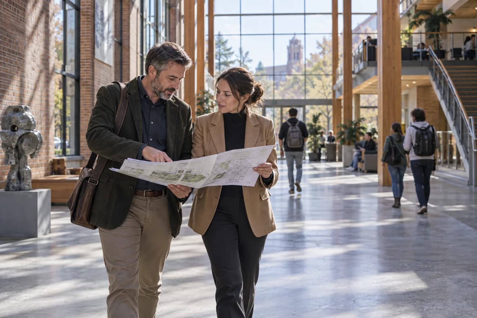 University program and facilities coordinators discussing a campus plan in a bright atrium.