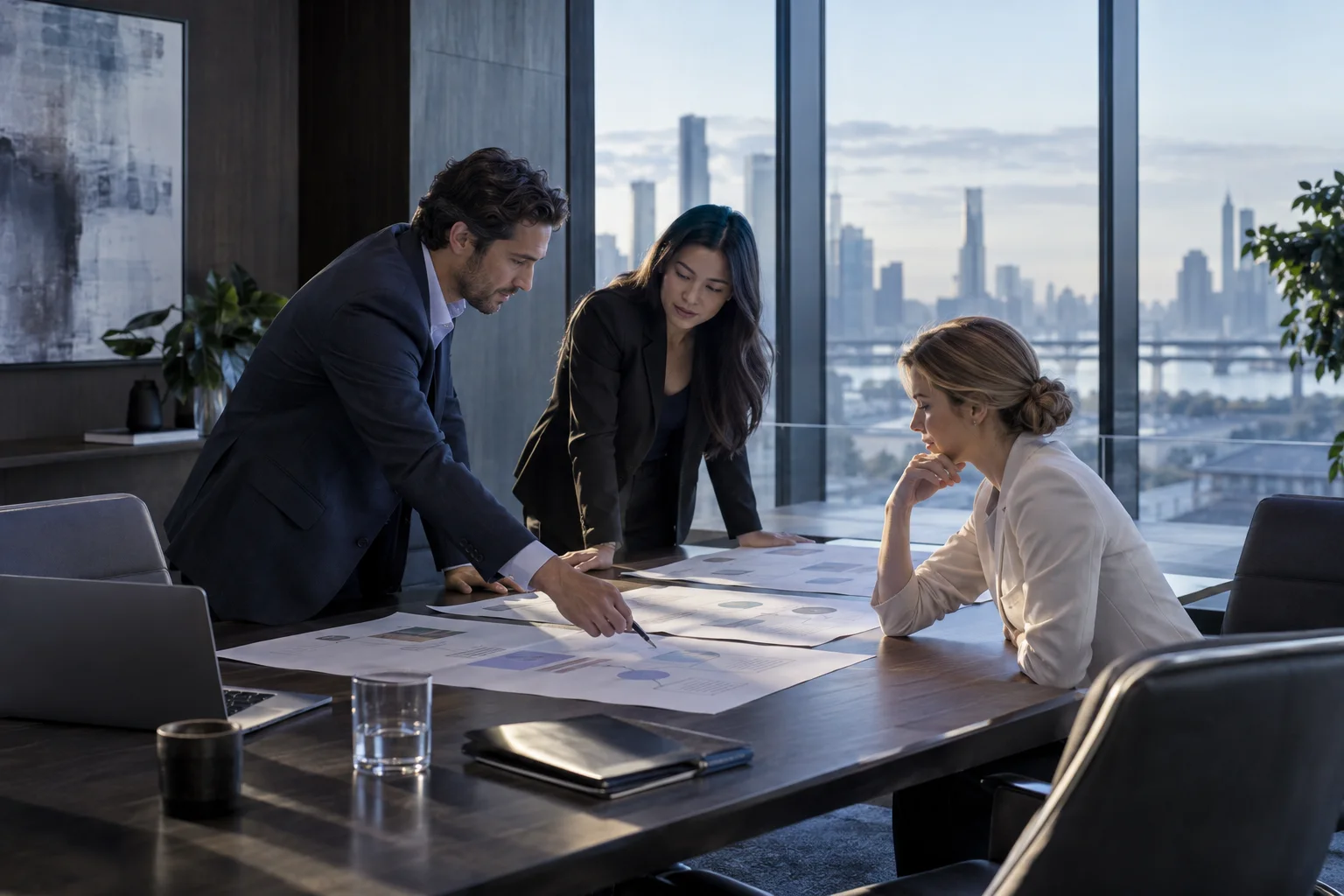 Financial operations colleagues reviewing a project workflow in an architectural meeting room.