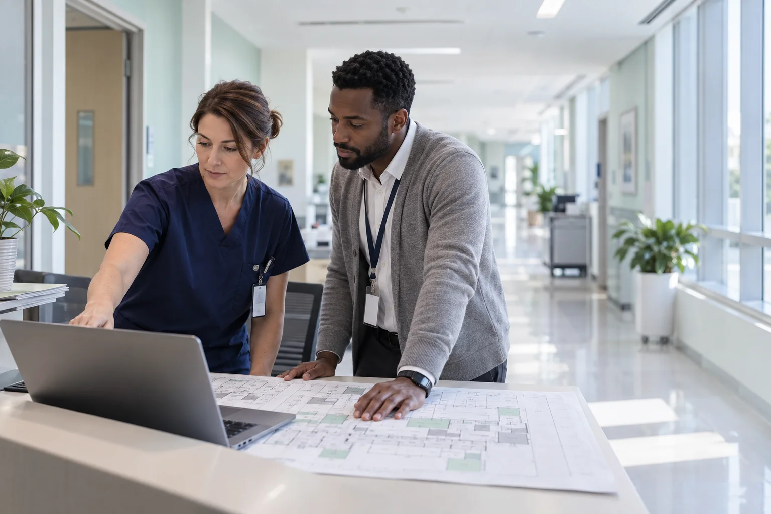 Hospital IT and facilities coordinators reviewing a project plan in an administrative workspace.
