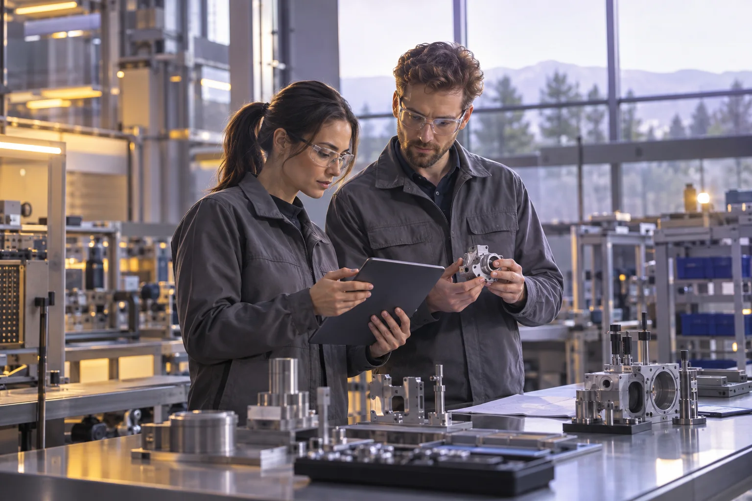 Manufacturing engineers reviewing a component and tablet at an inactive precision assembly workstation.
