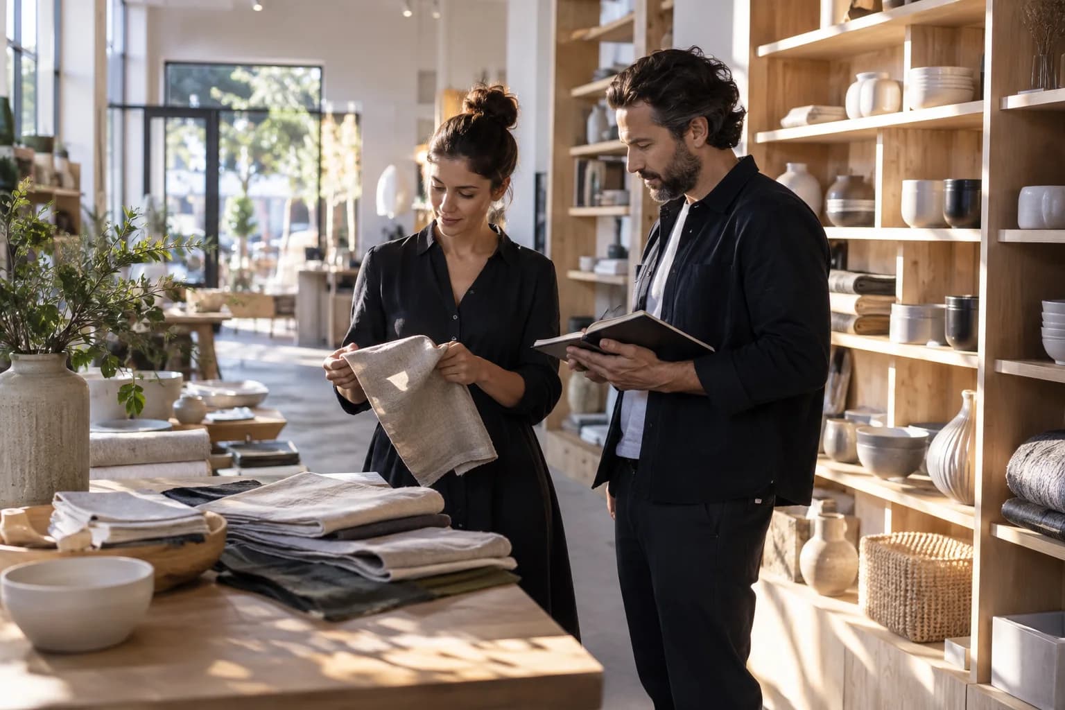 Retail colleagues reviewing merchandising plans in a contemporary homewares store.