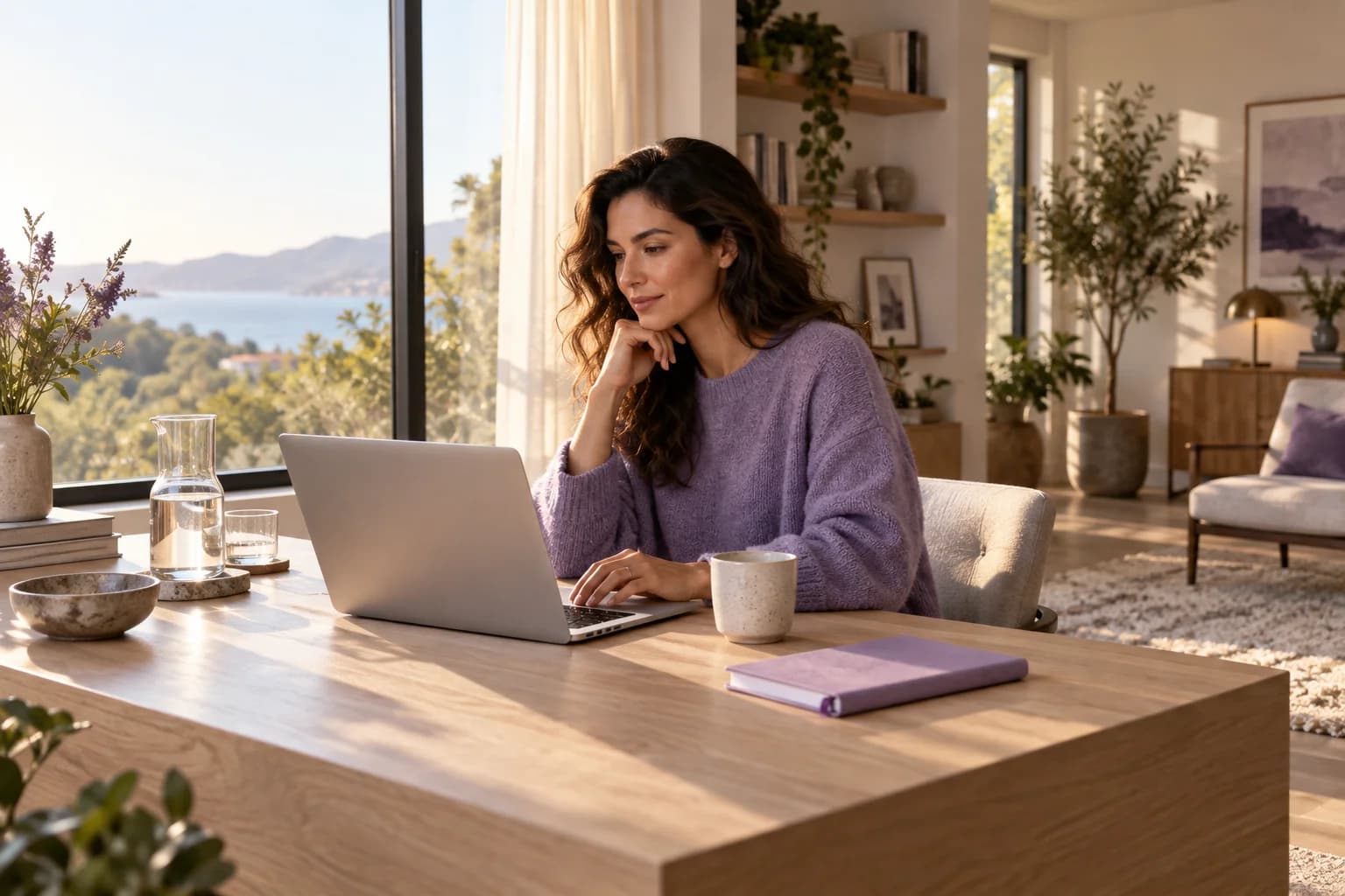 A professional working on a laptop beside a sunlit window at home.