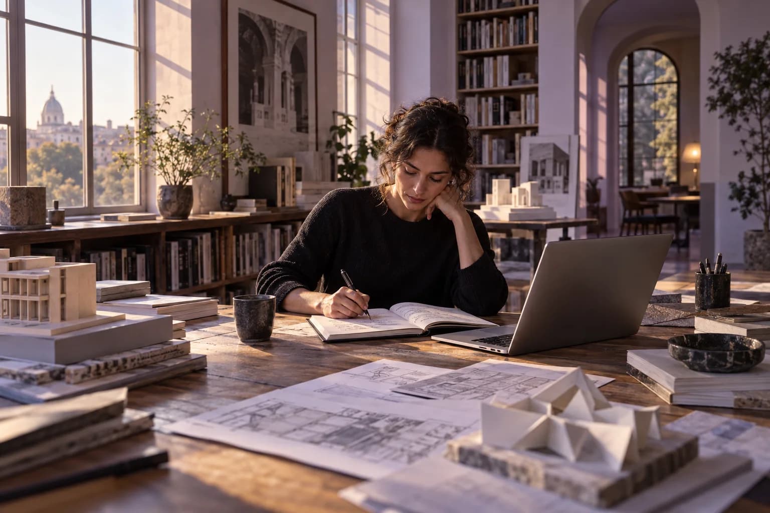 A professional reading notes beside a laptop in a quiet architectural library.
