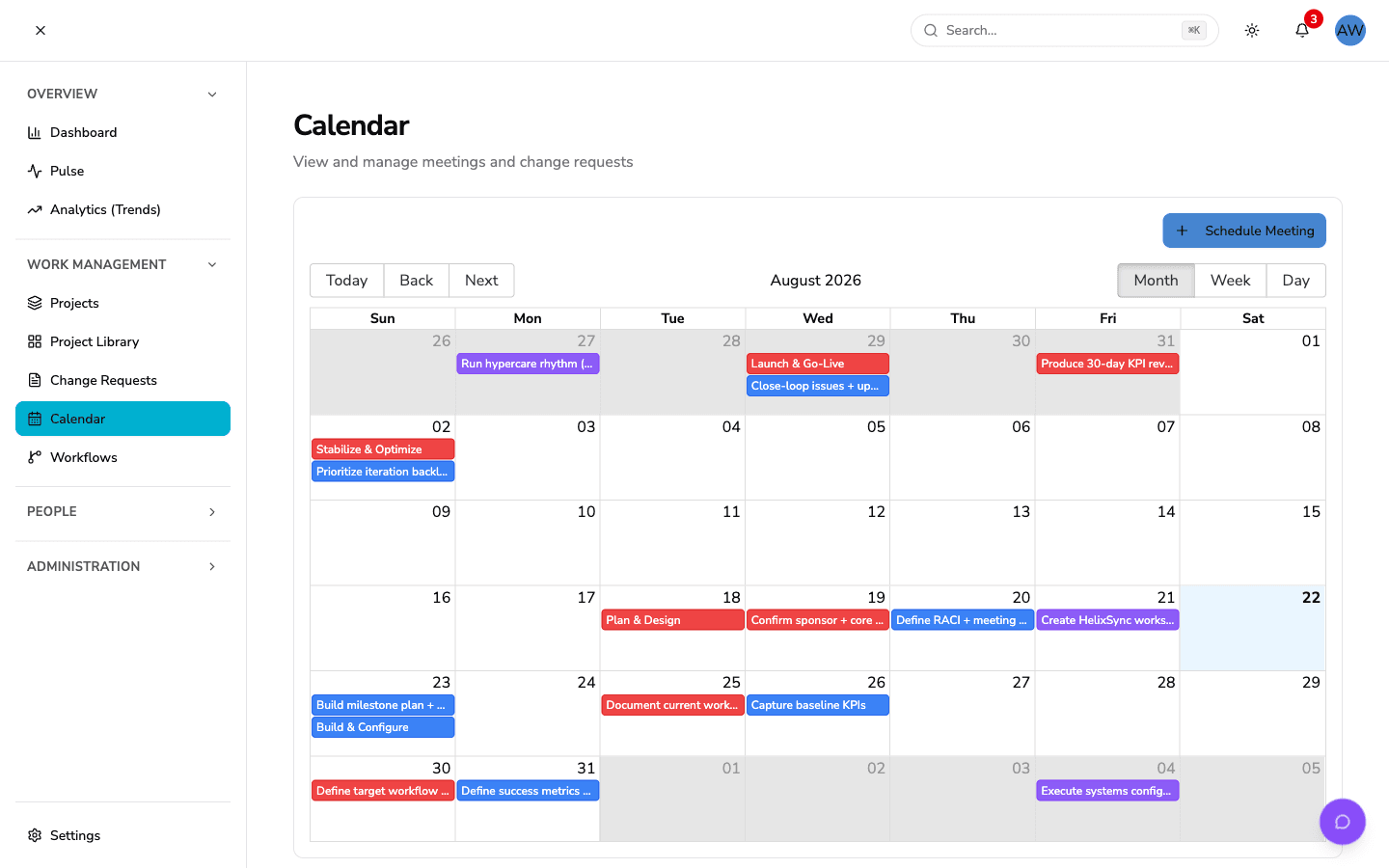 HelixSync calendar with scheduled meetings and change requests