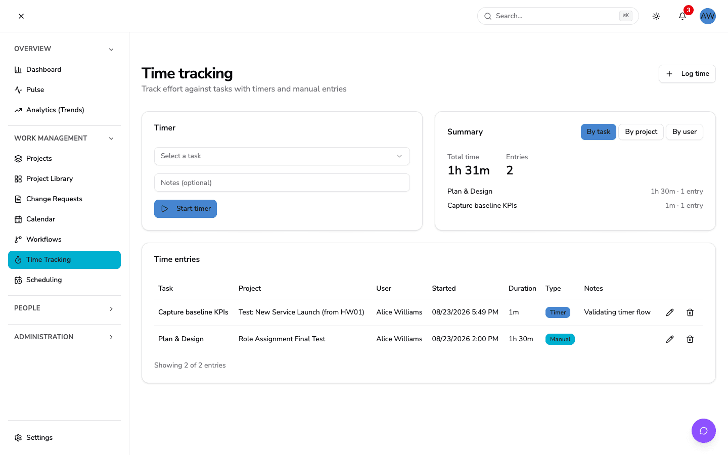 The Time Tracking page with a timer, logged entries, and per-task summaries