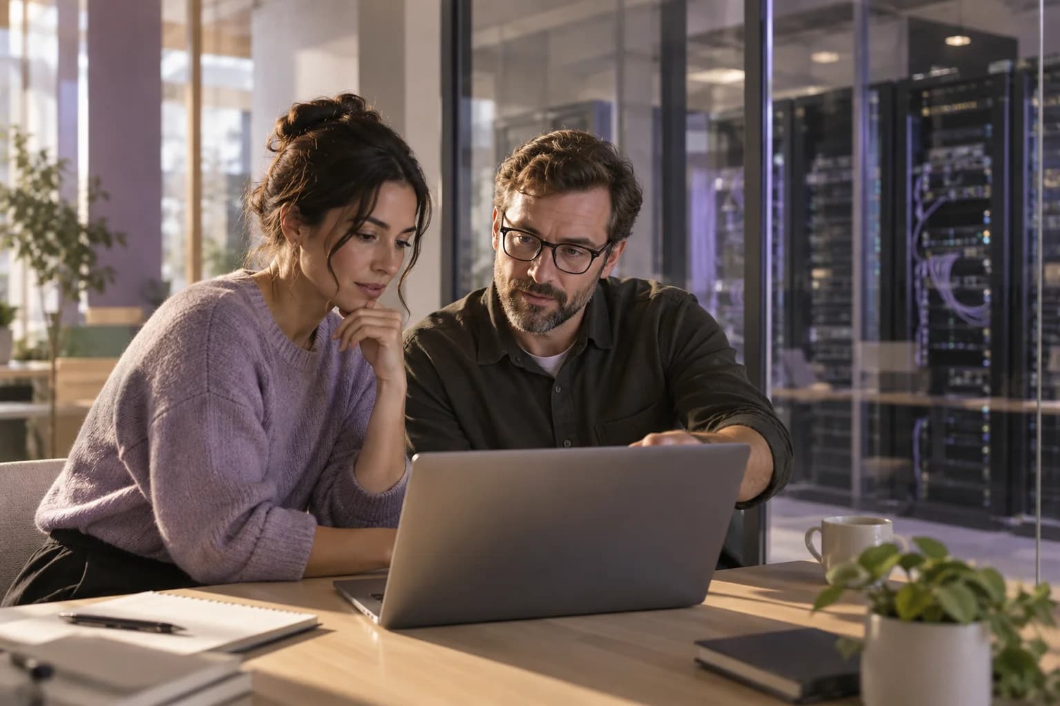 Two IT colleagues reviewing a laptop beside a glass partition in a technical workspace.