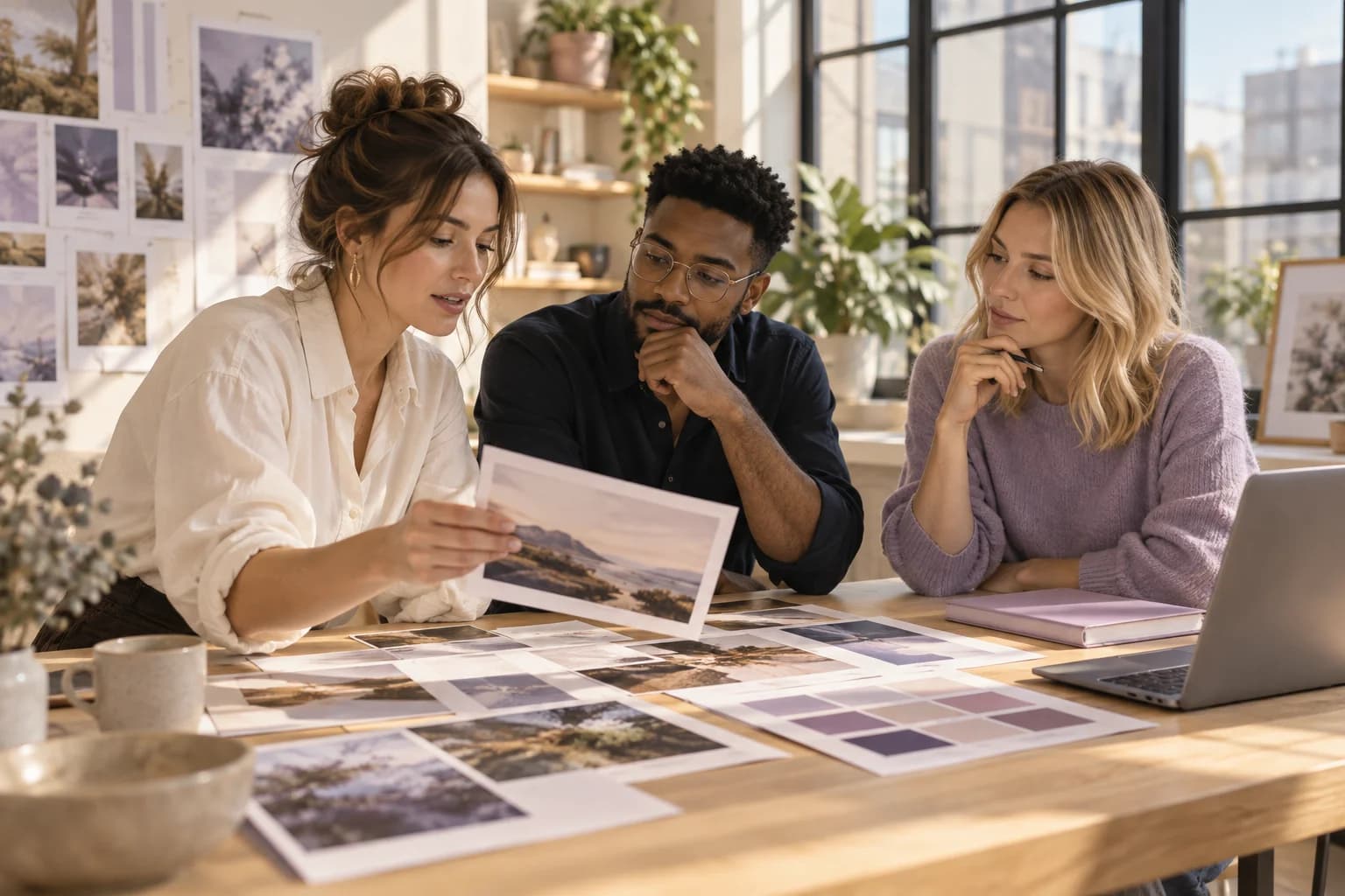 Three marketing colleagues reviewing campaign imagery and color swatches at a studio table.