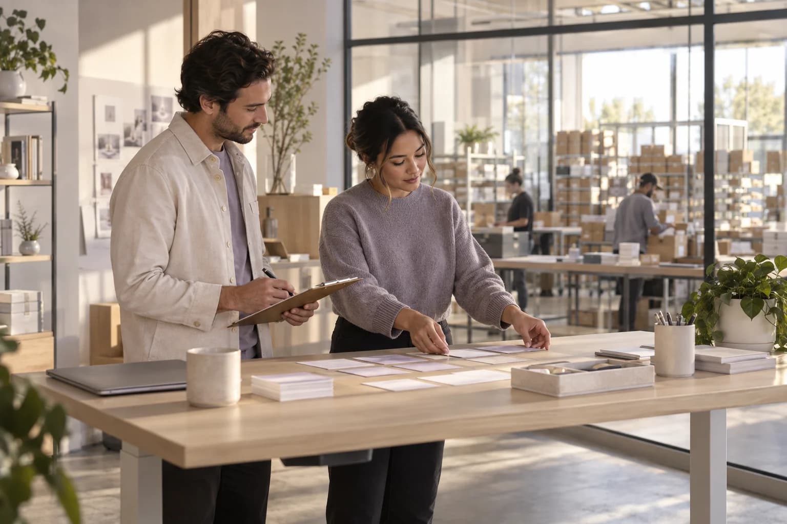 Two operations colleagues reviewing a process at a standing desk in an organized workspace.