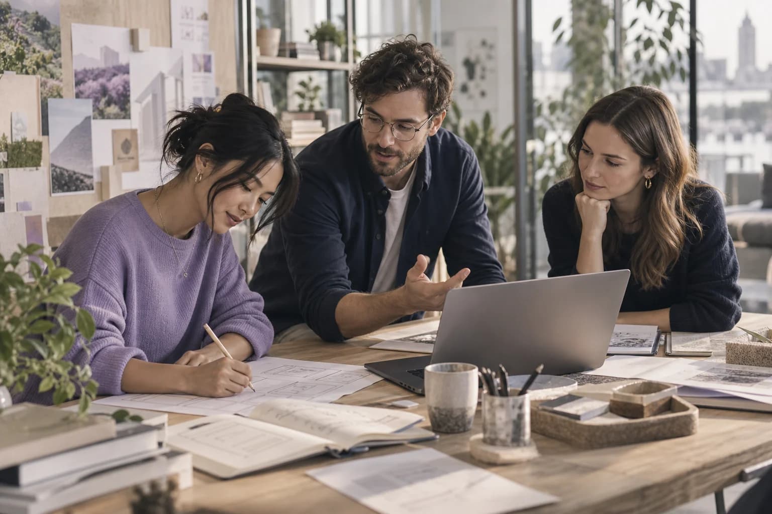 Product designers and an engineer discussing sketches and development work together.