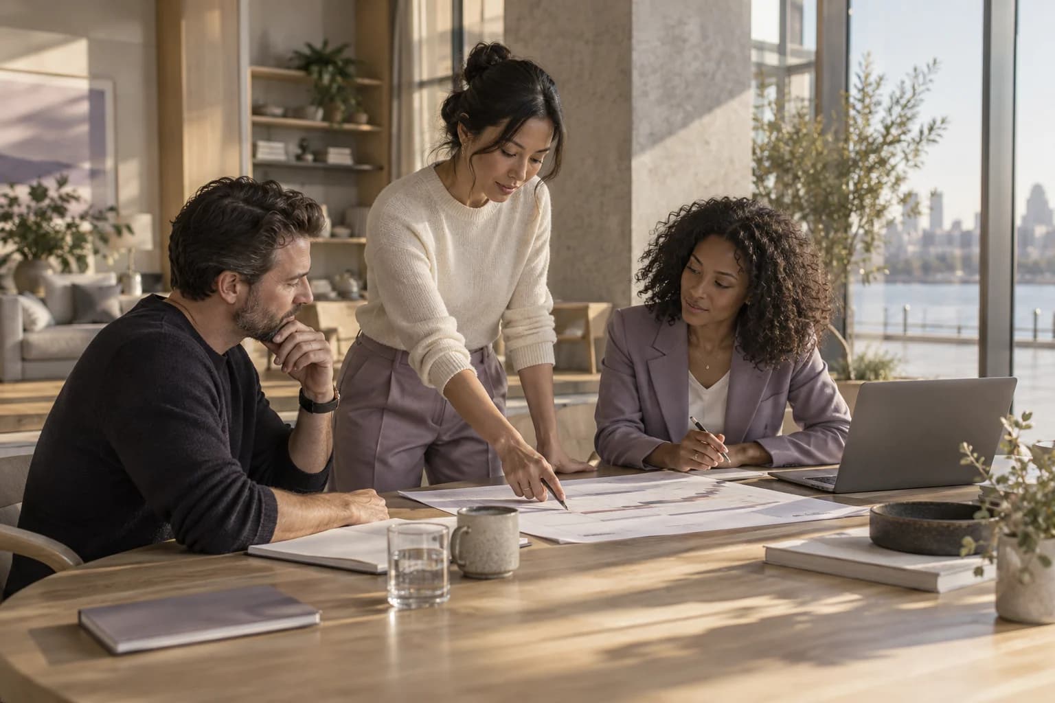 Three project leads reviewing a printed timeline together in a sunlit meeting room.