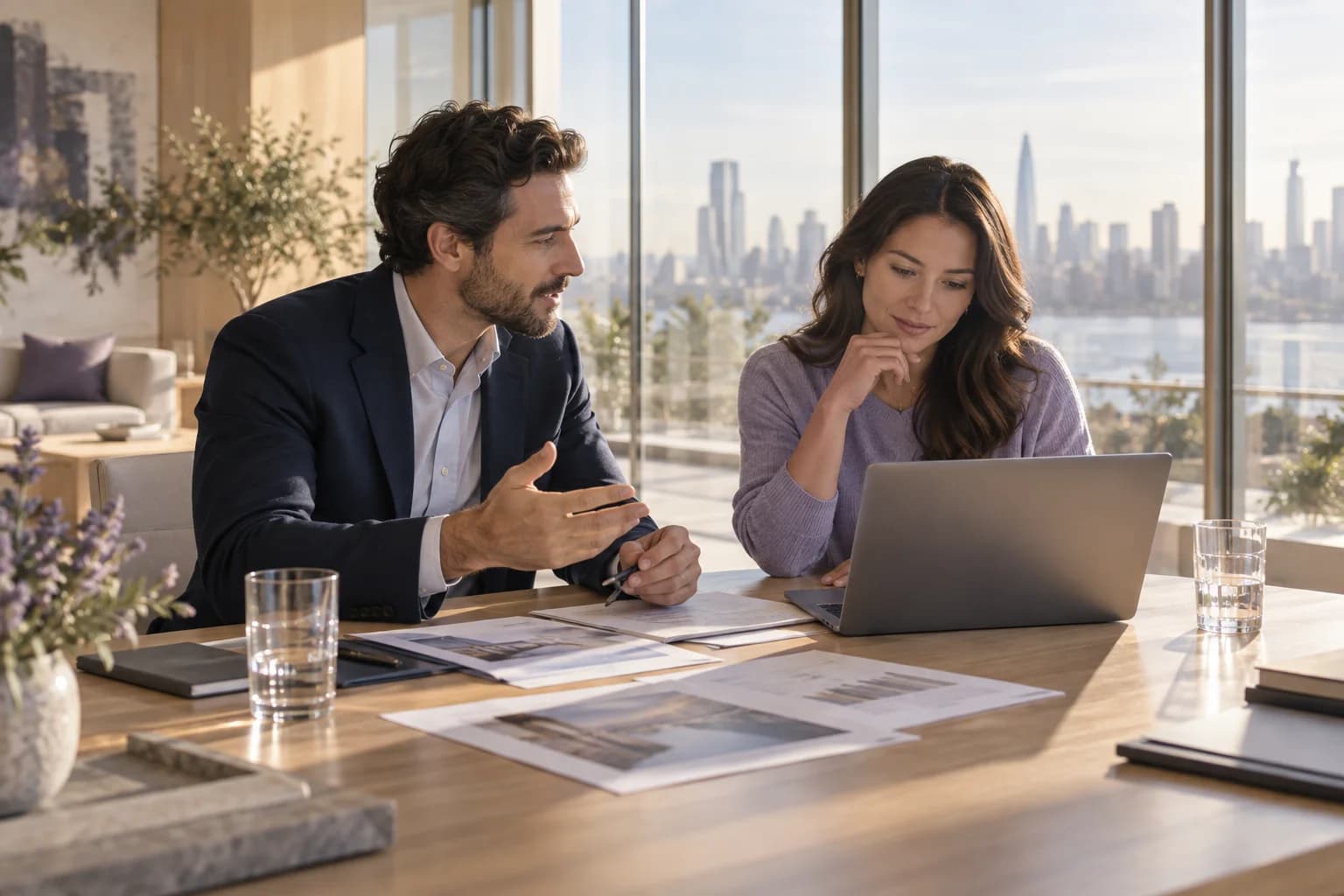 Two sales colleagues preparing a customer proposal together in a sunlit meeting room.